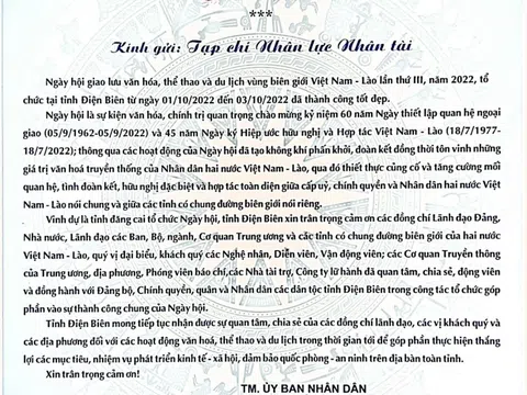 Thư cảm ơn của Uỷ ban nhân dân tỉnh Điện Biên