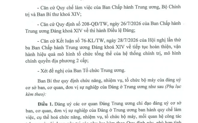 Ban Bí thư quy định tổ chức bộ máy đảng ủy cơ sở ban, cơ quan, đơn vị sự nghiệp của Đảng